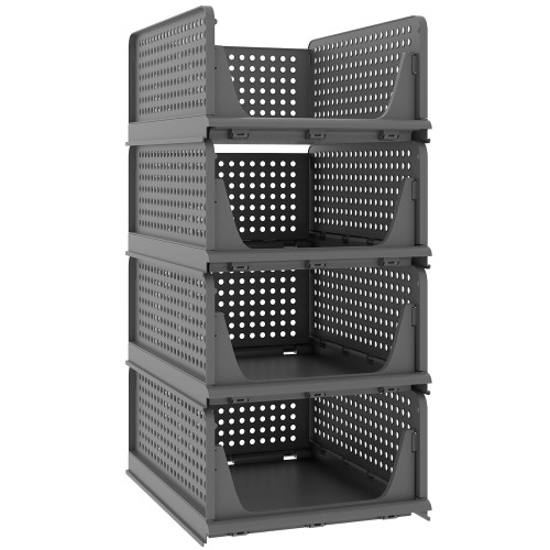 Pinkpum 4 Pack Folding Closet Organizers Storage Box, Stackable Plastic Drawer Basket for Clothing, Stackable Storage Bins Shelf Storage Container for Closet Wardrobe Bedroom Bathroom Office (Black)