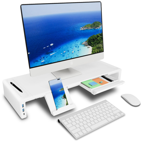 OImatser Monitor Stand Riser 3.0 USB HUB, Type-C Data Port, Foldable Computer Monitor Riser, Adjustable Length Computer Stand and Storage Drawer & Pen Slot, Phone Stand for Computer, Desktop, Laptop, Save Space