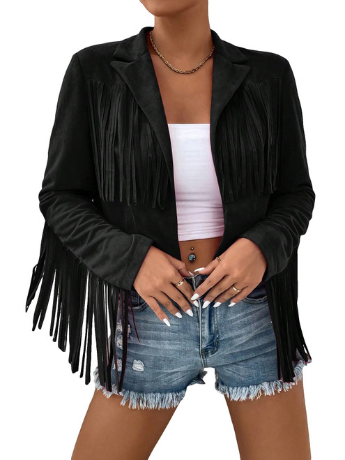 WDIRARA Women's Fringe Drop Shoulder Long Sleeve Button Down Casual Shacket Jacket Plain Solid Black L