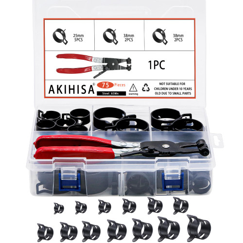 AKIHISA 75Pcs 19-38mm Spring Band Hose Clamp Assortment Kit with Hose Clamp Pliers, 13 Sizes Spring Hose Clip Fuel Line Silicone Vacuum Hose Pipe Clamp, Air Hose Tube Water Pipe Fasteners