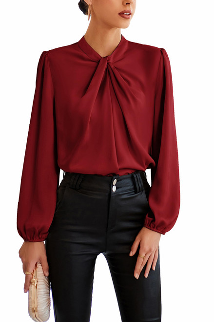 Women's Summer Solid Elegant Mock Neck Lantern Long Sleeve Blouse Shirt Twist Front Top Wine Red S