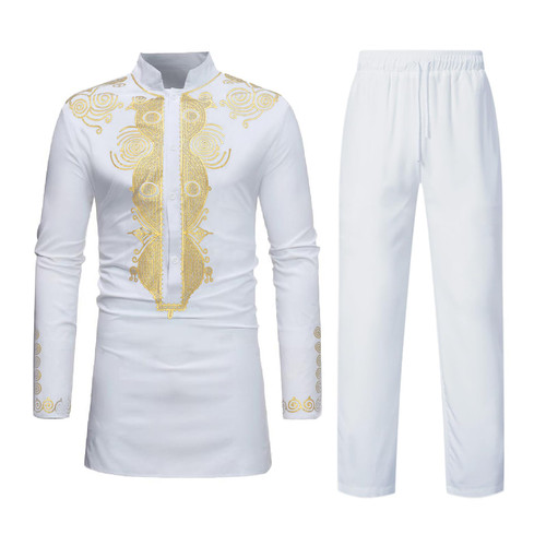 HEFASDM Men's African Dashiki 2 Piece Suit Long Sleeve Kurta Shirt and Pants Outfits Set White Golden M HEFASDM Men's African Dashiki 2 Piece Suit Long Sleeve Kurta Shirt and Pants Outfits Set White Golden M