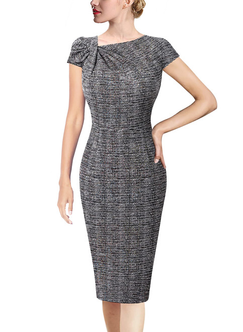 VFSHOW Womens Black Tweed Pleated Asymmetric Bow Neck Work Business Office Bodycon Pencil Sheath Dress 10255 BLK L