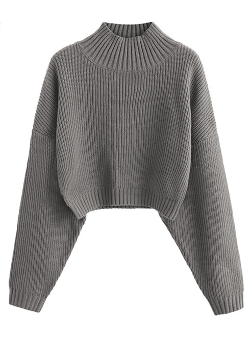 ZAFUL Women's Cropped Turtleneck Sweater Lantern Sleeve Ribbed Knit Pullover Sweater Jumper (1-Gray, M)