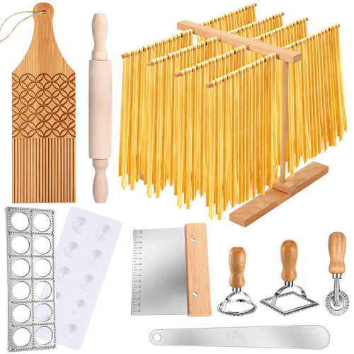 Baderke 9 Pcs Pasta Making Tool Set Include 1 Bamboo Pasta Drying Rack 1 Ravioli Maker Press 1 Gnocchi Board 1 Pasta Cutter 1 Rolling Pin 1 Filling Spoon 3 Ravioli Stamp Maker for Pasta Maker