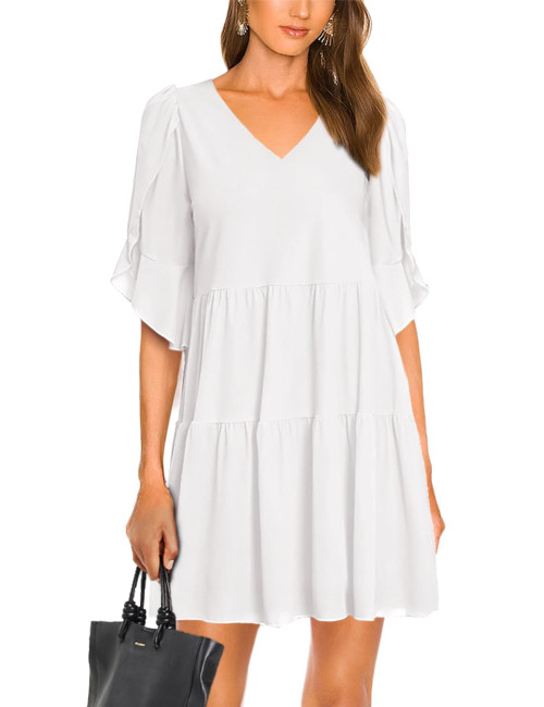 Lrady Women's Casual Summer Tunic Dress 2024 V Neck Ruffle Loose Flowy Swing Mini Shift Dresses, White, X-Large