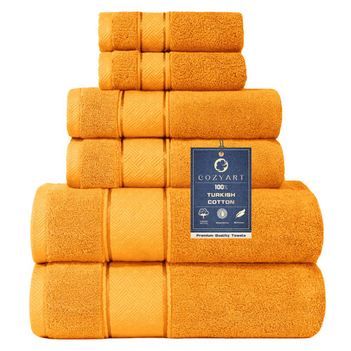 COZYART Orange Bath Towels Set 6 Piece, Luxury 100% Turkish Cotton 650GSM Hotel Quality, Soft, Absorbent,Towel Sets for Bathroom | 2 Bath Towels 2 Hand Towels 2 Washcloths