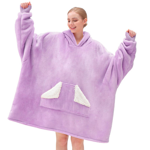 Touchat Wearable Blanket Hoodie, Oversized Sherpa Blanket Sweatshirt with Hood Pocket and Sleeves, Super Soft Warm Plush Hooded Blanket for Adult Women Men (Purple)
