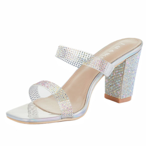 LALA IKAI Women's Chunky Block Heel Mules Square Toe Rhinestone Sandals Transparent Strappy Heels Wedding Dress Shoes