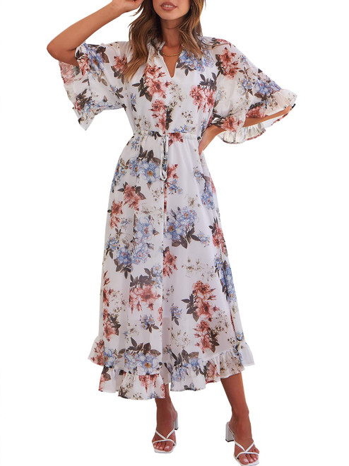 ANRABESS Women's Summer Ruffle Maxi Dress Floral Print 3/4 Bell Sleeve V Neck High Waist Flowy Boho Long Dress 746mudanfen-L