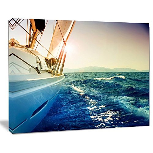 Designart Yacht Sailing in Wavy Waters Canvas Wall Art, 12" H x 20" W x 1" D 1P, Blue