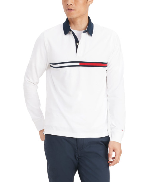 Tommy Hilfiger mens Long Sleeve Flag in Regular Fit Polo Shirt, Bright White, Small US