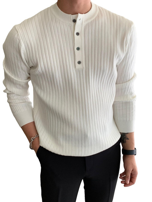 COZYEASE Men's Half Button Pullover Tops Ribbed Knit Sweater Long Sleeve Collared Sweater Fall Outfits T Shirts White M