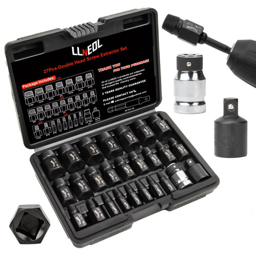 LLNEDL Screw Extractor Set Double Head, 27Pcs Hex Head Multi-Spline Easy Out Stripped Screw Bolt Extractor Kit, for Removing Broken Screws, Bolts, Studs, Taps