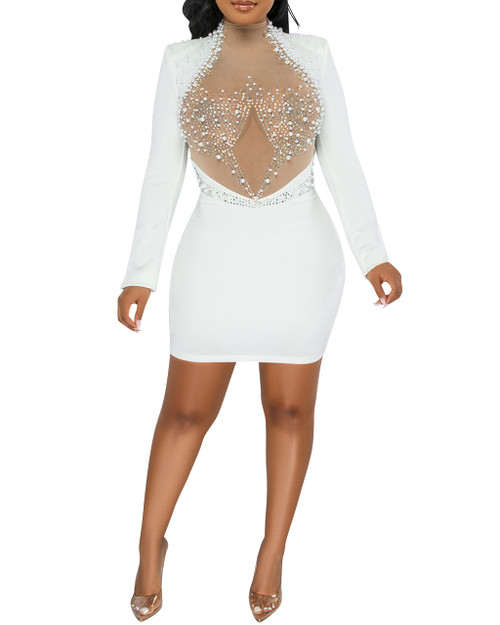 CUTUBLY Women Hollow Out Sexy Mesh See Through Party Club Night Out Rhinestone Long Sleeve Dress?5681-White-L?
