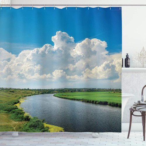 Ambesonne Nature Shower Curtain, Clouds Over Moving River Landscape with Meadows Grass Clear Sky Daytime, Cloth Fabric Bathroom Decor Set with Hooks, 69" W x 84" L, Green Blue White