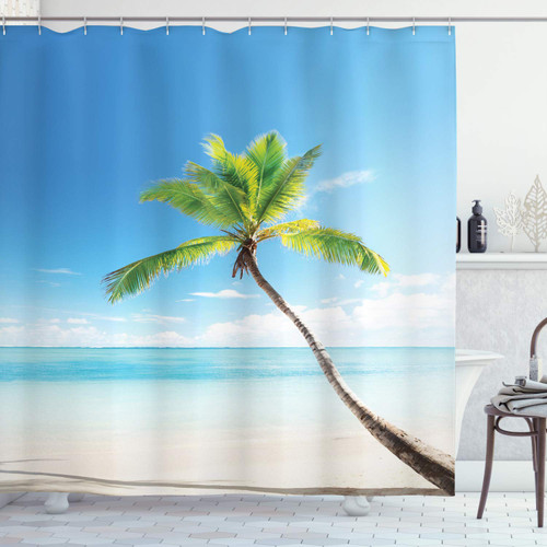 Ambesonne Tropical Shower Curtain, Palm Tree on Caribbean Sandy Beach Clear Sky Horizon Hot Sunny Day Panorama, Cloth Fabric Bathroom Decor Set with Hooks, 69" W x 84" L, Blue Green Beige
