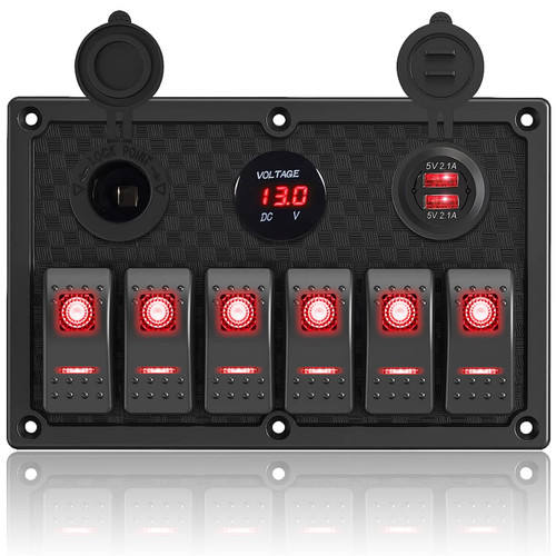 6 Gang Rocker Switch Panel, LED Digital Voltmeter with 3.1A Dual USB Charger, 12/24V Wired Toggle Switch Panel for Automotive Cars Marine Boats RVs Red