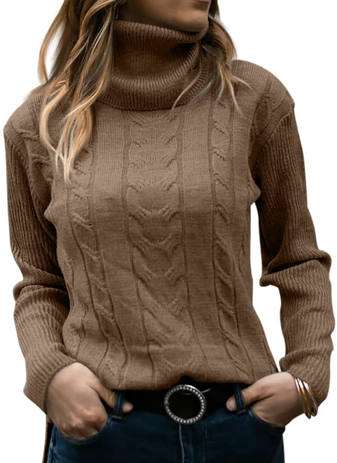 Womens Turtleneck Sweaters Long Sleeve Pullover Cable Knit Sweaters Soft Jumper Brown