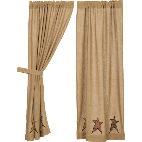 VHC Brands Stratton Primitive 63"x36" Burlap Star Panel Pair Tan Rod Pocket Appliqued Cotton Tie Back(s) Window Curtains VHC Brands Stratton Primitive 63"x36" Burlap Star Panel Pair Tan Rod Pocket Appliqued Cotton Tie Back(s) Window Curtains