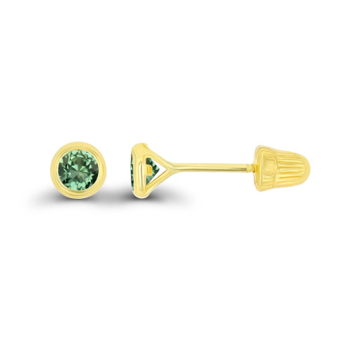 Solid 14K Yellow Gold 3mm Round Created Green Sapphire Birthstone Bezel Screw Back Stud Earrings