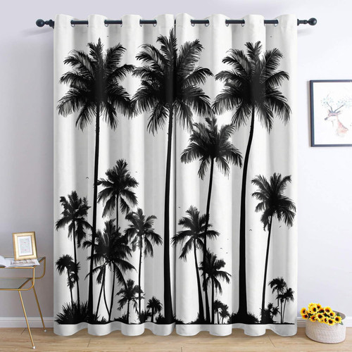 YELDAN Palm Tree Blackout Curtains, Black and White Curtains for Living Room Bedroom, Thermal Insulated Grommet Drapes, Decorative Patterned Window Treatments, 63 Inch Length 2 Panels Set