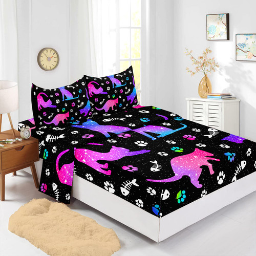 BailiPromise Starry Cat Sheet Set for Kids Girls Boys Purple Cat Bedding Set Full Size Cat Paw Bed Sheets Cute Kitten Fitted Sheet & Flat Sheet 4 Piece BailiPromise Starry Cat Sheet Set for Kids Girls Boys Purple Cat Bedding Set Full Size Cat Paw Bed Sheets Cute Kitten Fitted Sheet & Flat Sheet 4 Piece