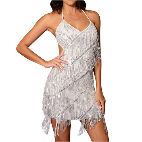 jsaierl Women's Sleeveless Backless Dress Sexy Club Dress Deep V Neck Party Mini Sequin Tassels Dresses Lace-Up White jsaierl Women's Sleeveless Backless Dress Sexy Club Dress Deep V Neck Party Mini Sequin Tassels Dresses Lace-Up White