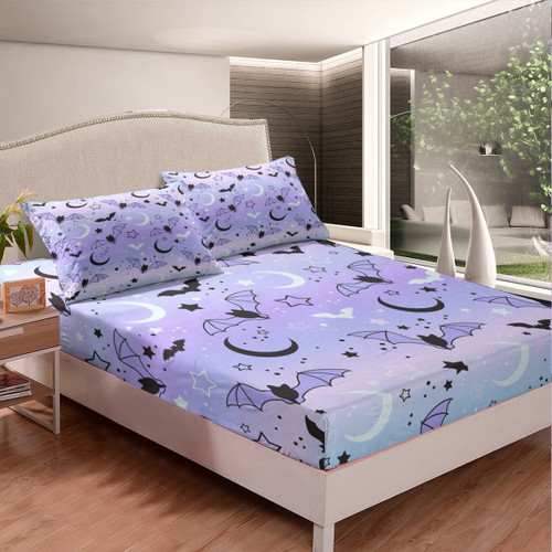 Halloween Comforter Cover Set Rainbow Fitted Sheet for Boys Children Bat Moon Star Print Bed Sheet Set Halloween Theme Purple Gradient Style Room Decor Queen Size Bed Cover 3Pcs Halloween Comforter Cover Set Rainbow Fitted Sheet for Boys Children Bat Moon Star Print Bed Sheet Set Halloween Theme Purple Gradient Style Room Decor Queen Size Bed Cover 3Pcs