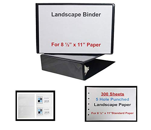 Landscape Binder 2 Inch Black Vinyl with 300 Sheets of 5 Hole Punched Paper and 2 Business Card Holders