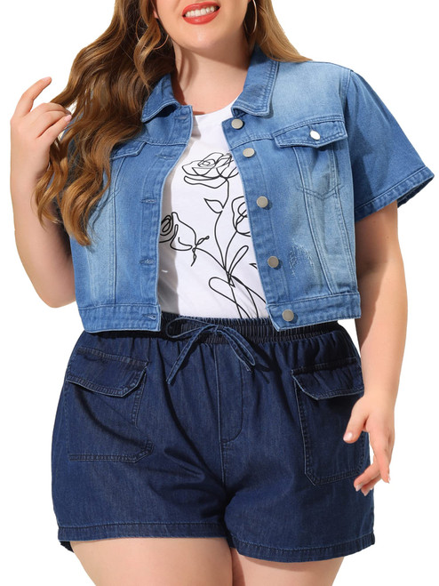 Agnes Orinda Plus Size Denim Jacket for Women Short Sleeves Button Down Cropped Jean Jackets 3X Sky Blue