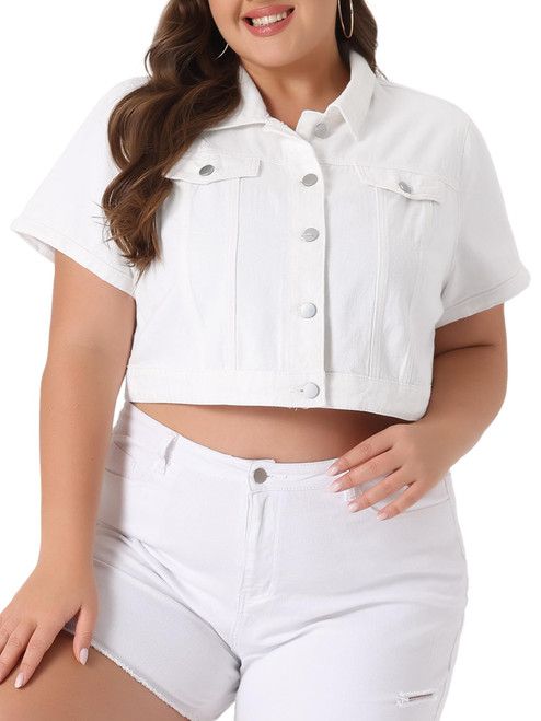 Agnes Orinda Plus Size Denim Jacket for Women Short Sleeves Button Down Cropped Jean Jackets 2X White