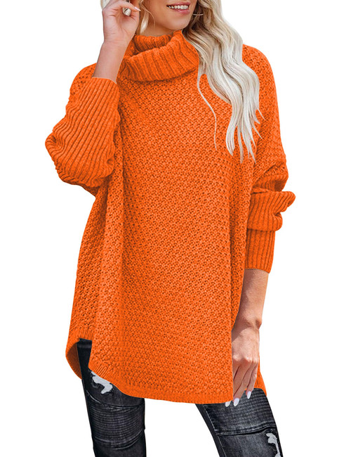 MEROKEETY Women's Turtleneck Long Sleeve Tunic Sweater Oversized Chunky Knit Pullover Jumper Tops, Orange, M