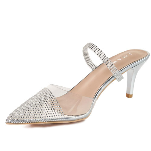 LALA IKAI Women's Closed Pointed Toe Sandals Clear Slip On Pumps Rhinestones One Inch Heels Dress Wedding Party Shoes
