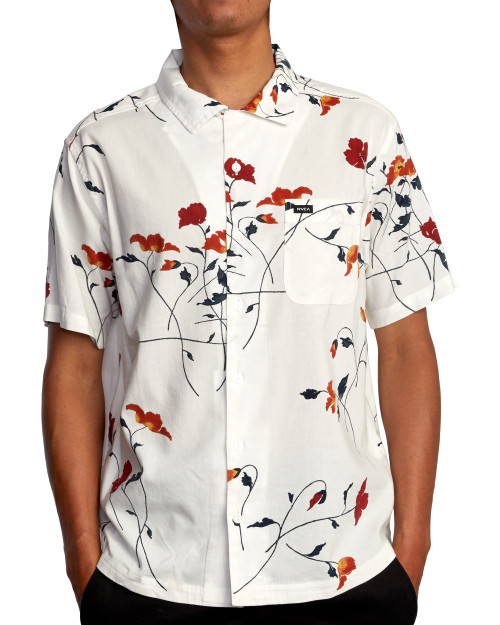 RVCA Men's Slim Fit Short Sleeve Stretch Woven Button Up Shirt, RVCA Prints Woven/Antique White Floral Medium