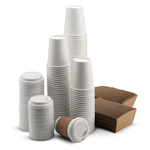 NYHI 200-Pack 8 oz White Paper Disposable Cups With Lids And Sleeves Hot/Cold Beverage Drinking Cup for Water, Juice, Coffee or Tea  Ideal for Water Coolers, Party, or Coffee On the Go