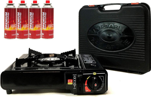 Portable Butane Stove | 8,500 BTU Outlet | Camp Kitchen Equipment | Emergency Stove | Hurricane Stove | Single Burner Camp Stove | Camping Cooking Stove + 4 Fuel Canisters Portable Butane Stove | 8,500 BTU Outlet | Camp Kitchen Equipment | Emergency Stove | Hurricane Stove | Single Burner Camp Stove | Camping Cooking Stove + 4 Fuel Canisters