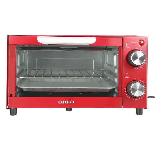Aiwa 4-Slice Countertop Toaster Oven with Baking Tray, Bake Toast Cook and Broil, Temperature Control, 60 Minute Timer Knob, Automatic Shutoff, Baking Tray and Crumb Tray Included, Red