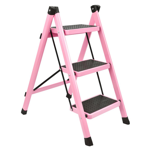 Lnrkai Step Ladder 3 Step Folding Step Stool with Handgrip Anti-Slip and Wide Pedal Sturdy Steel Ladder 220lbs,Lightweight and Multi-Use for Household & Office Foldable Step Stool (Pink)