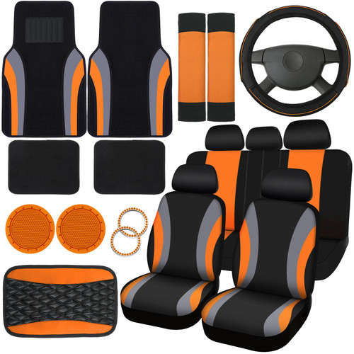 Fabbay 21 Pcs Car Seat Covers Full Set Car Floor Mats Steering Wheel Cover Armrest Cover Seat Belt Pad Seatbelt Covers Cup Mats Car Emblem Ring Sticker for Sedans Trucks SUV(Black, Orange)