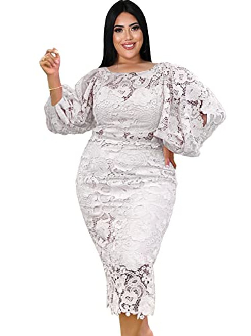 ONTINVA Women's Crewneck Long Lantern Sleeve Bodycon Lace Midi Dress Plus Size (White,XXXL,3X-Large) ONTINVA Women's Crewneck Long Lantern Sleeve Bodycon Lace Midi Dress Plus Size (White,XXXL,3X-Large)