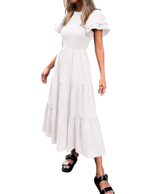 BTFBM Womens Boho Vacation Maxi Dresses 2024 Summer Puff Sleeve Casual Tiered A-Line Long Flowy Beach Dress with Pockets(Solid Beige White, XX-Large)