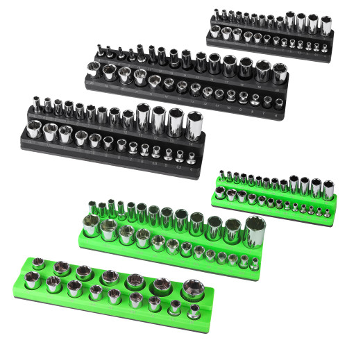 Reniteco Magnetic Socket Organizer - 6 Piece Green SAE & Black Metric Socket Holder Kit - 1/2-inch, 3/8-inch, 1/4-inch Drive - Hold 143 Sockets - Professional- Grade - Magnetic Socket Tray