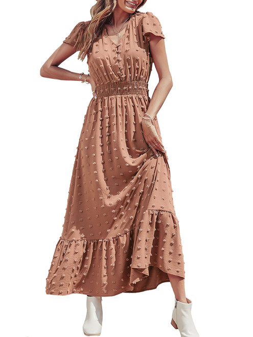 PRETTYGARDEN Womens Boho Dress Short Sleeve V Neck Ruffle Tiered Maxi Dress Swiss Dot Smocked Dress Beach Flowy Long Dress(Brown,Medium)