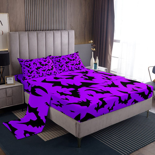 Erosebridal Bats Halloween Decoration - Black Purple Bat House Bed Sheets Fitted Sheet,Horror Animal Gothic Spooky Shadows Pattern Sheet Set Full Cartoon Silhouette Halloween Home Decor