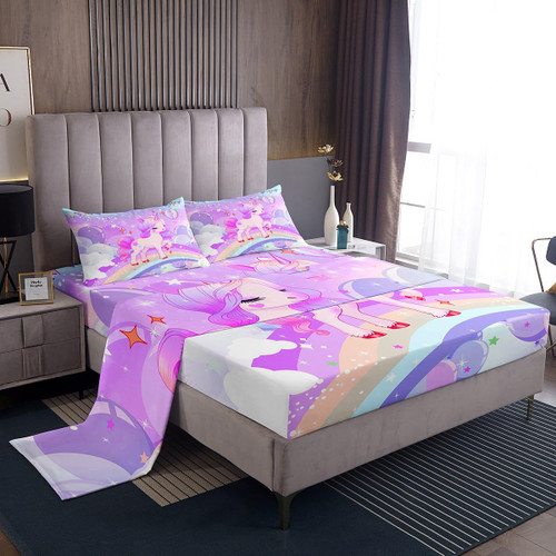 Feelyou Unicorn Girls Sheet Set Full Kawaii Cute Rainbow Unicorn Bed Sheets Cartoon Bed Set Kids Children Galaxy Stars Magical Purple Unicorn Animal Room Decor 2 Pillowcases