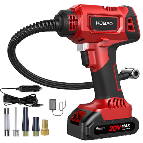 KJBAO Cordless Car Tire Inflator Portable Air Compressor With 20V Rechargeable Battery,150 PSI Handheld Air Pump with 12V Car Power Adapter,Digital Pressure Gauge Auto shutoff (Red-Dual power) KJBAO Cordless Car Tire Inflator Portable Air Compressor With 20V Rechargeable Battery,150 PSI Handheld Air Pump with 12V Car Power Adapter,Digital Pressure Gauge Auto shutoff (Red-Dual power)