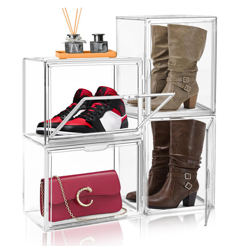 DAYOOH Acrylic Shoe Boxes Stackable 4Pack Shoe Storage Boxes Clear Stackable with Magnetic Door Acrylic Display Case Handbag Storage Sneakerheads Shoe Organizer Size 15