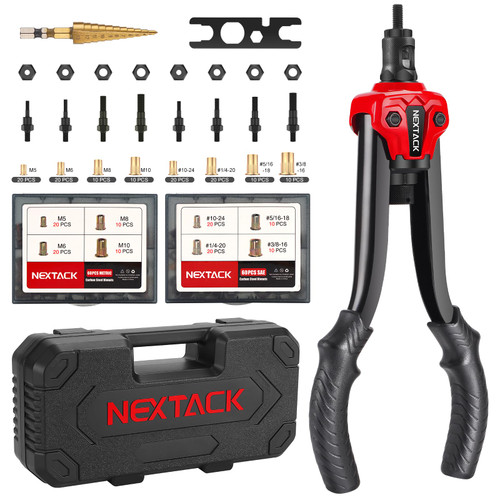 Rivet Nut Tool with a Step Drill Bit & 120 Nutserts Kit, 13" Heavy Duty Rivnut Tool Kit with 8 SAE & Metric Mandrels, Threaded Riveter Setter in Organized Rugged Carrying Case NT700