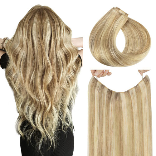 HOTBANANA Wire Hair Extensions, 14 inch 75g Light Blonde Highlighted Golden Blonde (Ash Tone) Fish Line Hair Extensions Real Human Hair Straight Invisible Wire Hair Extensions Remy Hair Extensions